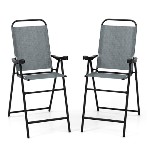 Image of COSTWAY 2 Pieces Patio Folding Bar Chairs with Metal Frame, Footrest, Arms