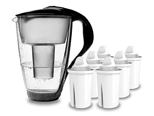 PearlCo - Carafe avec filtre à eau en verre - noir - 6 cartouches Universal classic incluse (compatible avec Brita Classic)