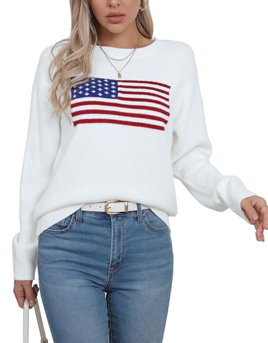 Image of Womens American Flag Sweater Crew Neck Casual Pullover Sweater