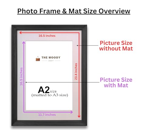 Image of A3 Size Wooden Photo Frame with Mat, Black Photo Frame for Wall Decoration, Home Decor for Wall Hanging, Best Wooden Photo Frame for Posters and Photos (A2 Size Matted to A3 Size)