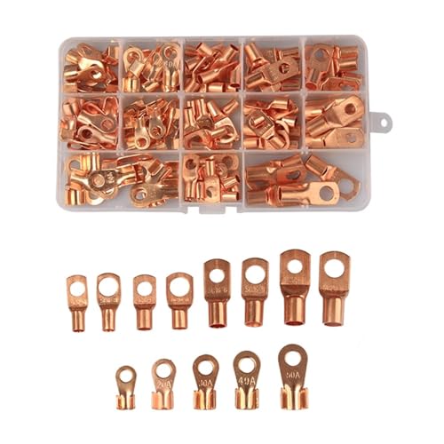 130Pcs Ring Seal Battery Wire Connectors SC Bare Terminals Lug Tinned Copper Tube Lug + OT Open Ring Type Copper Terminal Lugs