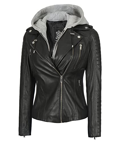 Decrum Detachable Hooded Leather Jacket Women - Real Lambskin Leather Jackets for Women with Hood