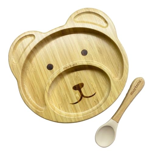 Martons Bambus Bär Teller mit Saugnapf, Rutschfestem mit passendem Baby Löffel, Geschirr Set mit schöne Geschenkbox, universal Beige farbe