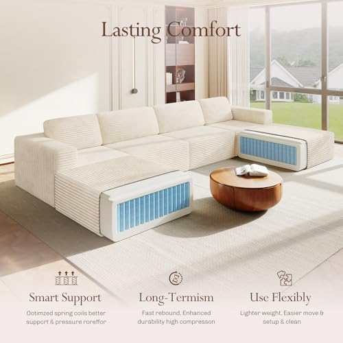 Image of Vesgantti 159 inch Large Modular Sectional Sofa, U-Shaped Corduroy Cloud Couch with Deep Seats & Spring Support, 4-Seater Boneless Sofa with 2 Movable Ottomans, No Assembly Needed, Beige