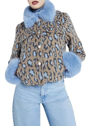 CHARTOU Women Winter Leopard Jacket Faux Fur Trim Y2k Crop Wool Coat Outwear
