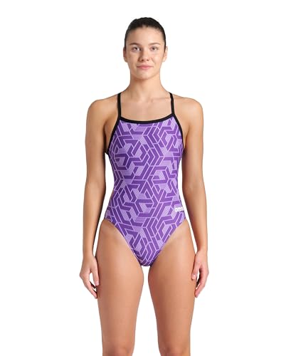 ARENA Women's Escape Team Print MaxLife Swimsuit Challenge Back One Piece Ladies Bathing Suit Competition Training Athletic Swimwear, Black/Team Purple, US Size 36