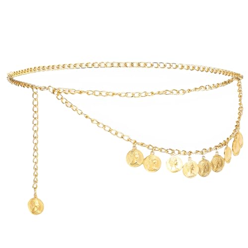 Gold Chain Belt for Women Adjustable Pirate Coin Belt Waist Chain Gold Coin Tassel Pendant Pirate Accessories Multi-layer Body Jewelry Belt for Jeans Dresses