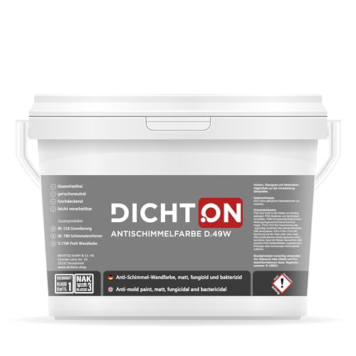 DICHTON Anti Schimmel Farbe 1l weiß matt - Feuchtraumfarbe, Antischimmelfarbe, Wandfarbe mit hoher Deckkraft und Reichweite, lösemittel- und weichmacherfrei, atmungsaktiv D.49W