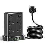 3M Tower Extension lead with USB C Slots, toomke Multi Plug Extension Sockets with 8 AC Outlets and 6 USB Ports, Overload Protection Extension Cord with Independent Switches, Plug Socket Tower