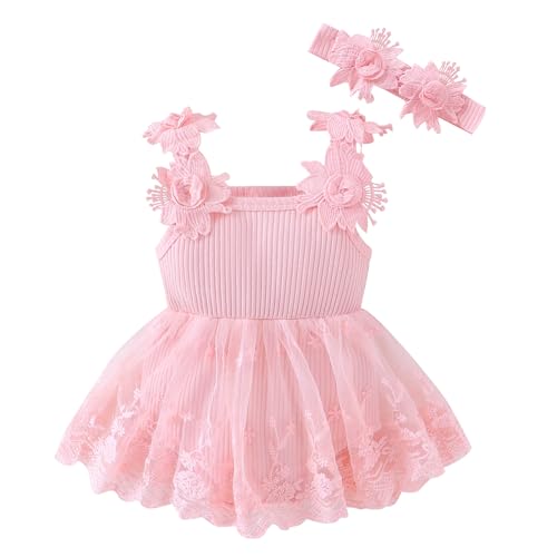 Image of FOCUTEBB Newborn Baby Girl Summer Clothes Lace Romper Skirt Sleeveless Princess Romper Dress Cute Flower Outfits 0-18 Months