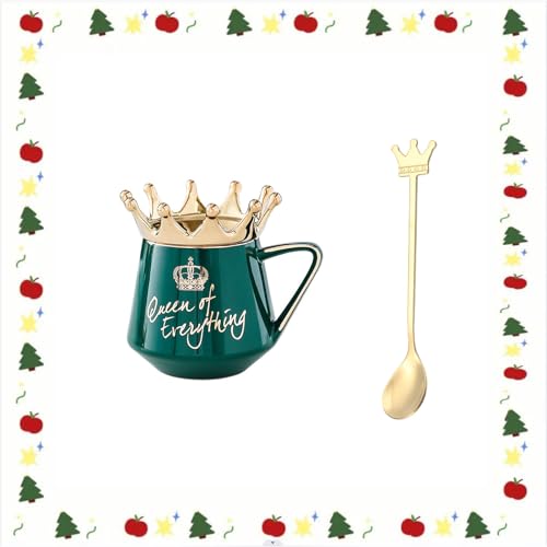 Taza con corona 300 ml taza de café de cerámica Hermosas tazas de té con tapa y cuchara, regalos especiales para mujeres, hermosas tazas son un gran regalo (verde esmeralda)