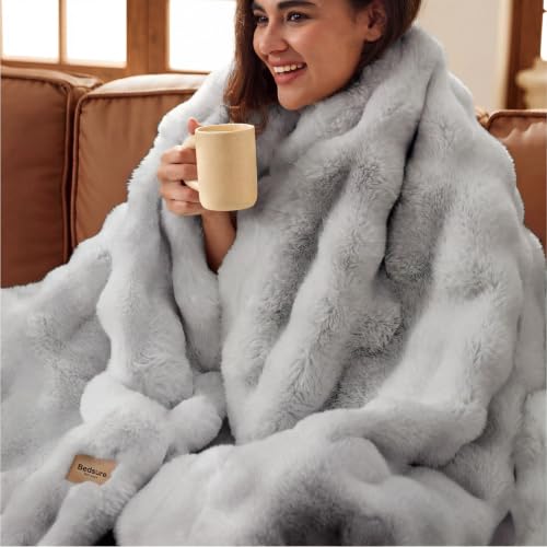 Image of Bedsure Fluffy Bubble Faux Fur Throw XL Blanket, 50 inchx70 inch, Light Grey