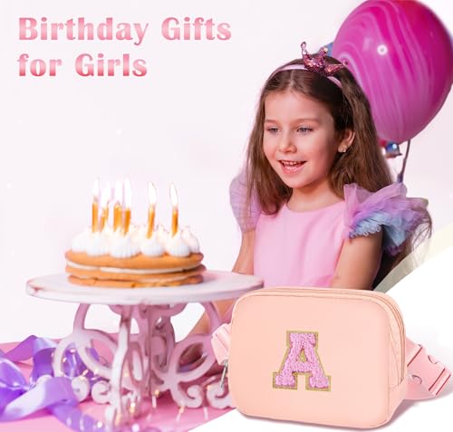 Image of COSHAYSOO Graduation Birthday Initial Gifts for Teen Girls 5 6 7 8 9 10 11 12 13 14 Year Old Pink Fanny Pack for Girls Belt Bag Crossbody Travel Purse Unique Trendy Girly Stuff Chenille Letter A