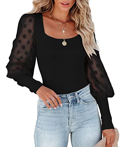 Bonitee Women Elegant Square Neck Mesh Long Sleeve Lace Shapewear Ribbed Knit Bodysuit Tops Shirts Black Medium #TOP4