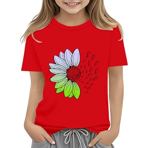 Girls Loose Fit Sunflower Graphic T Shirts Short Sleeve Crewneck Cute Pattern Printed Tops Kids (D-Red, 8-9 Years)