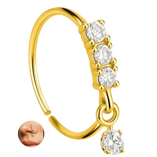 925 S Silver Dangle Nose Ring 22G 8mm Hoop with CZ Drop Charm Gold Hypoallergenic Continuous Seamless Hoop for Nostril Piercing Minimalist Sparkly Nose Jewelry for Women (Gold-Plated)