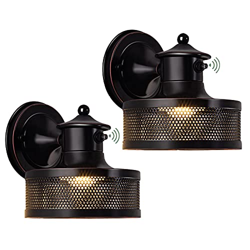 GZBtech Dusk to Dawn LED Wall Lights 2 Pcs, Waterproof Outdoor Wall Lantern Sconce with Photocell Sensor & Built-in LED, Black Exterior Industrial Round Wall Mounted Lighting Fixture for Porch Garage