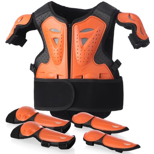 Kinder Motocross Schutzkleidung mit robustem brustpanzer und rückenprotektor Kinder, komplettes Protektoren Set mit Ellbogen- & Knieschützern für Bike, Skate, Scooter und Outdoor MX Training