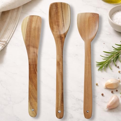 Image of Classyo Neem Wood Spoon for Cooking, Wooden Spatula for Non Stick Pan, Wood Ladle, Wooden Spoon Set, Wooden Spatula Set, Naturally Antimicrobial and Non Stick (Set of 3)