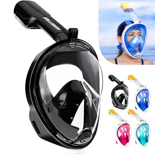 HINATAA Máscara de Buceo, 180°Panorámica Máscara de Snorkel de Cara, Anti-vaho Anti-Fuga,con Tapones con Tapones para los oídos Impermeables,GoPro Mount Easy Breathe para Adultos,Niños (Negro, L/XL)