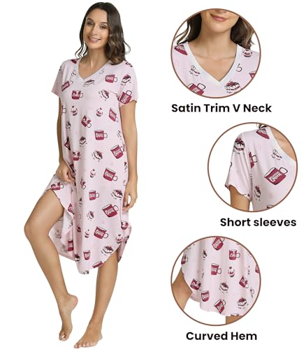 Image of NACHILA Nightgowns for Women-Viscose Made from Bamboo, V Neck Sleepshirts Short Sleeve Sleepwear Cool Nightshirt
