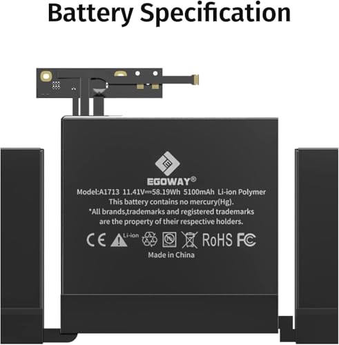 Image of A1708 A2159 A2289 A2338 Battery, Egoway Replacement Battery for A1713 A2171, Compatible with Mac Book Pro 13 Inch (Late 2016, Mid 2017, Mid 2019, 2020), EMC 2978 3164 3301 3456 3578