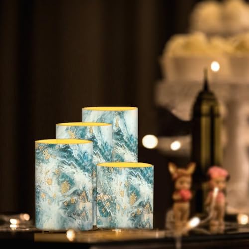 Image of Flameless LED Battery Candles Pack of 4 Waterproof Pillar Candles Tealights with 18-Key Timer Remote Colorful Lights for Indoor Outdoor Home Outdoor Wedding Decor, Blue Gold Marble