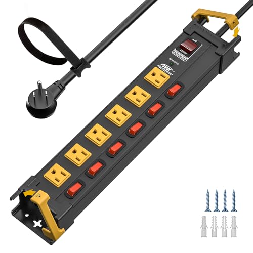 CRST 6-Outlet Heavy Duty Metal Power Strip with Individual Switches, 6FT Surge Protector (1020J), 1.7" Wide Spacing for Large Adapters & Cord Management, Wall Mountable for Home Garage(15A/1875W)