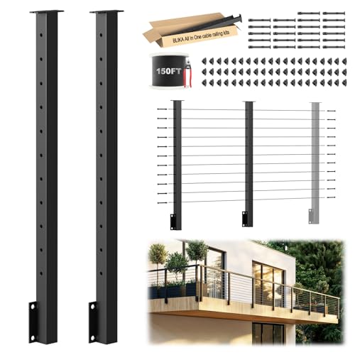 Image of BLIKA 4FT-10FT Complete Set 36 inch Side Mount Cable Railing Post Kits, Fascia Mount Deck Posts, Black Swageless Cable Railing System Include 2 Level Posts, 150FT 1 /8 inch Stainless Cable(No Handrail)