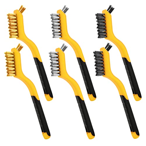 Wire Brush Set, 6 Pcs Brass/Stainless Steel/Nylon Wire Brushes For Cleaning With Curved Handle Grip For Rust Removal, Dirt, Paint Scrubbing(Yellow) #TOP26