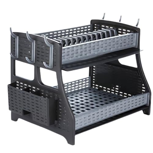 Punkto. Égouttoir à vaisselle 2 étages – Égouttoir avec design moderne en Hasir, en plastique sans BPA, avec bac à couverts, 6 crochets et 2 bacs d'égouttage – Anthracite/Gris – 50 x 30 x 34 cm