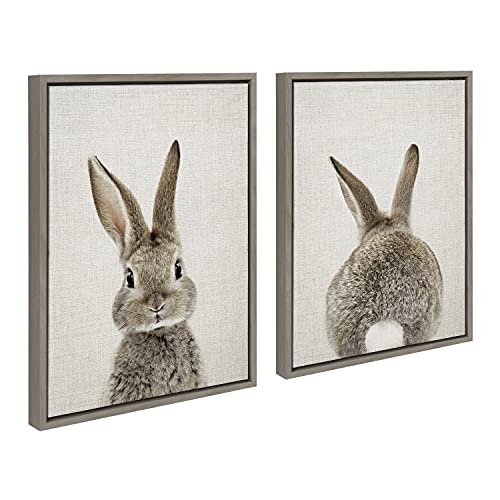 Kate And Laurel Sylvie Bunny Portrait And Tail On Linen Framed Canvas Wall Art Set By Amy Peterson Art Studio, 2 Piece 18X24 Gray, Decorative Animal Art For Wall #TOP5