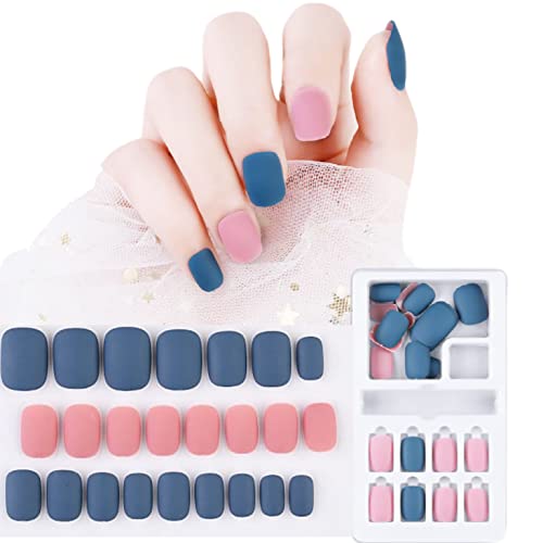 COSLIFESTORE- Press on nails – pack of 24 reusable gel nail extensions dual colour with full application kit consisting of buffer, manicure tool, 24 jelly tabs- DIY nail art kit (BLUE & PINK)