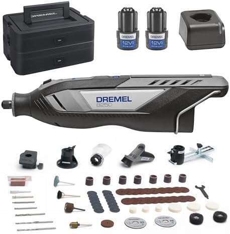 Dremel 8250 12V Akku-Rotationswerkzeug 5.000-30.000 U/min Bürstenloser Multifunktionswerkzeug set mit Dremel Box, 65 Zubehören, 5 Auf-und Vorsätze 2 Akku+ Ladegerät zum Schleifen,