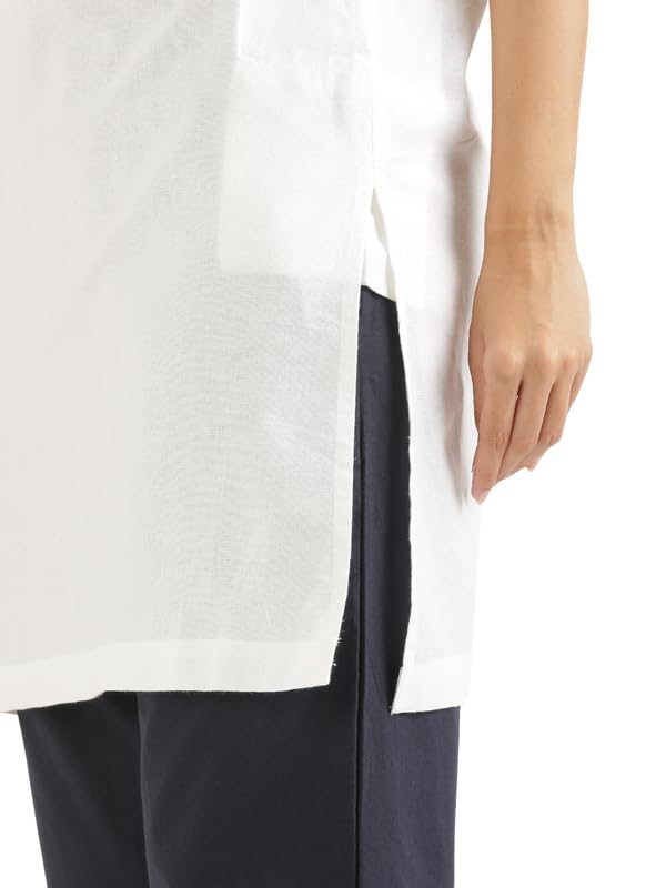 Image of SAADAA Airy Linen Mid Thigh Length Kurta for Women | Stylish Split Neck, 3 /4 Sleeves & Side Pockets | Comfortable Everyday Wear Kurta | Breathable Fabric |