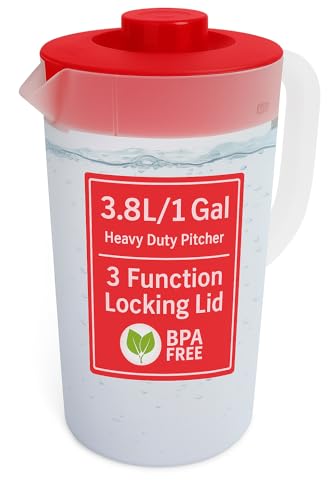 Water Pitcher with Lid 1 Gallon Pitcher, Freezer/Dishwasher Safe, BPA Free & Phthalate Free - Red
