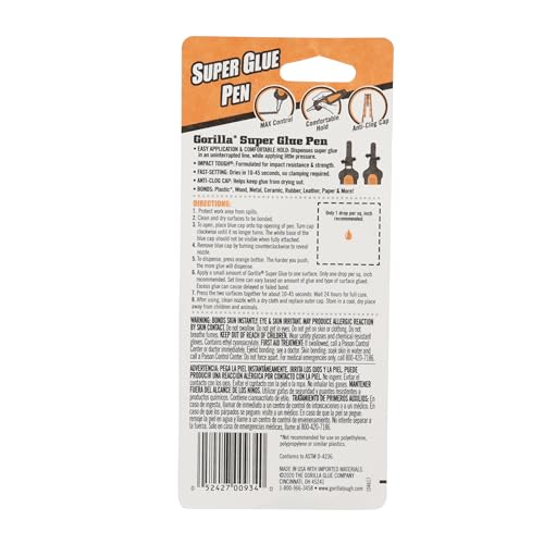 Gorilla Super Glue Pen, Precise Applicator, Fast Setting, Clear, 5.5g | Cyanoacrylate Formula, Dries in 10-45 Seconds, Anti-Clog Cap, Bonds Plastic, Wood, and Metal - image 6