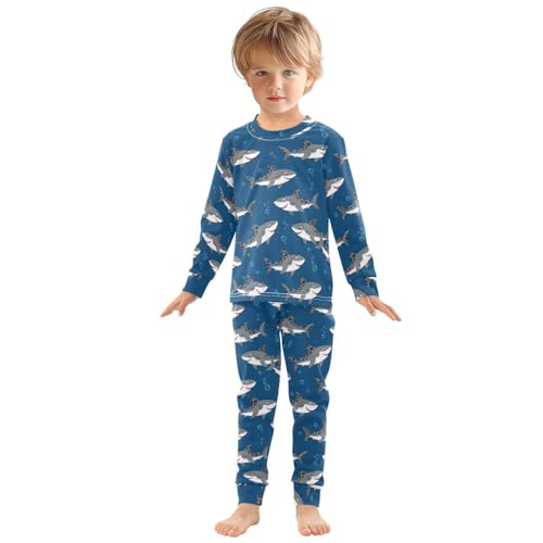 Pajama Sets Long Sleeve Grey Shark Pattern on Blue Soft Comfy Sleepwear 2 Piece PJS 3-8T2