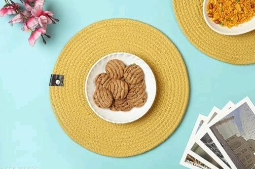 Image of Cotton Rope Placemats, Round Red with White Border, Set of 4, Heat Resistant Table Mats (Yellow)