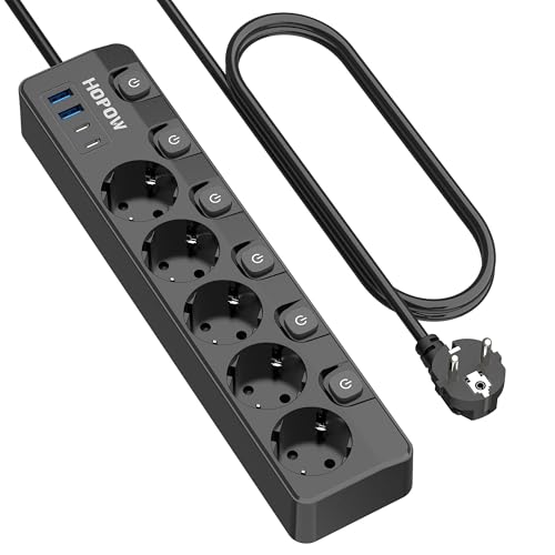 9-in-1 Steckdosenleiste einzeln schaltbar, 5-Fach Mehrfachsteckdose mit 4 USB-Ports(3680W,16A), 1050 J Überspannungsschutz, Wandmontage, 2 m Verlängerungskabel - Ideal für zu Hause, Büro und Reisen