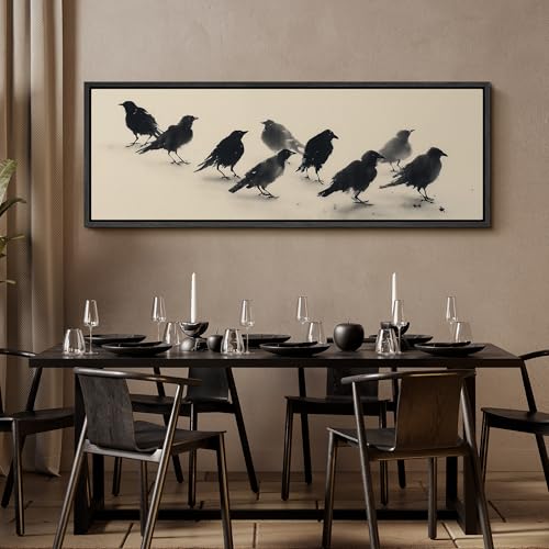 Image of MUDECOR Large Framed Canvas Print Wall Art Minimalist Black Crow Flock Ink Style Neutral Antique Retro Ready to Hang Painting for Living Room Bedroom Multi-Sizes - 60 inchx20 inch