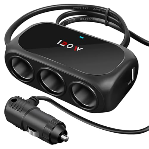 5 in 1 Car Cigarette Lighter Splitter, 3 Sockets Dual USB Car Charger Adapter, 120W 12/24V Power Outlet Splitter for Phones Tablet Vehicle Devices Camera Dash Cam GPS (Black)