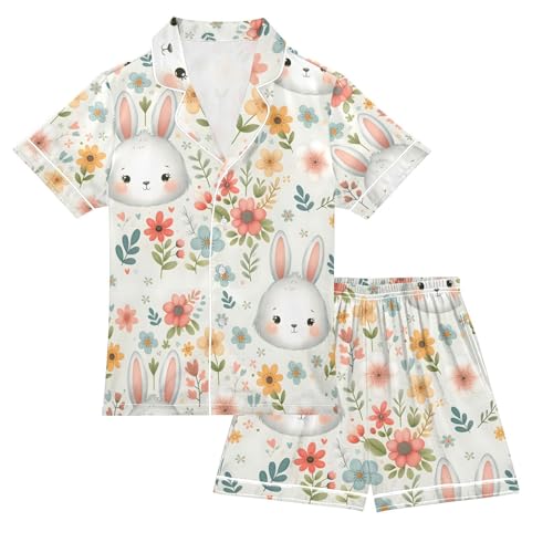 ALAZA Cute Rabbit Flower Floral Pajamas Satin Pajama Set Short Sleeve Button Down Sleepwear