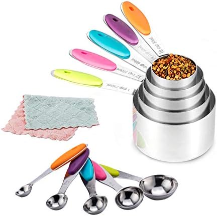 10 Piece Stainless Steel Measuring Cups and Spoons Set with Scrub Sponge Including 5 Piece Measuring Cups and 5 Piece Measuring Spoons, for Dry and Liquid Ingredients