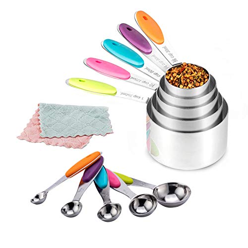 10 Piece Stainless Steel Measuring Cups and Spoons Set with Scrub Sponge Including 5 Piece Measuring Cups and 5 Piece Measuring Spoons for Dry and Liquid Ingredients