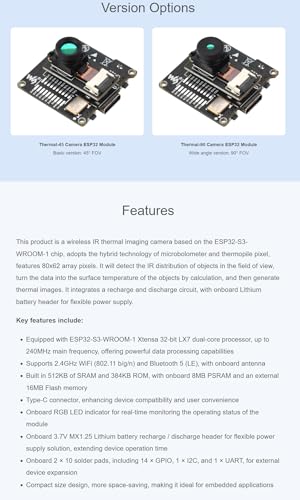 ESP32-S3 IR Thermal Imaging Camera Module, Type-C Port, 80×62 Pixels, 45 ° FOV Field of View Angle @XYGStudy (Thermal-45 Camera ESP32 Module) miniatura 3