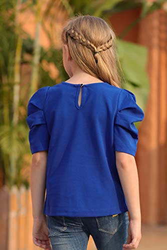Image of GORLYA Girl's Puff Sleeve Casual Solid T-Shirt Pullover Keyhole Back Blouse Tops for 4-14T Kids