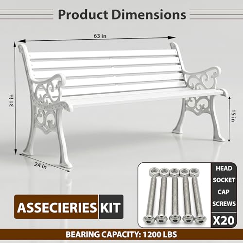 Image of BRISHI 3 Seater cast Iron Garden Bench for Indoor & Outdoor Park /Patio /Living Room /Terrace /Balcony (White)