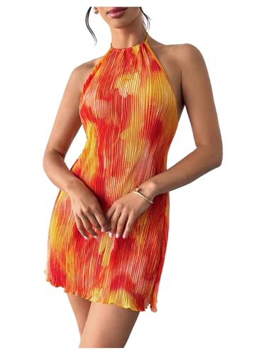 SHENHE Womens Summer Halter Sunset Dress Loose Pleated Backless Beach Short Sundress Orange Large