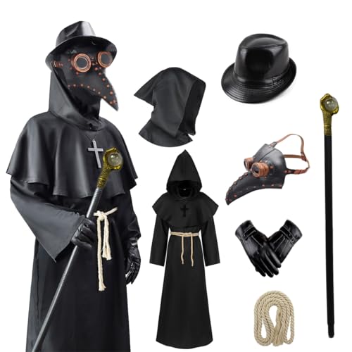 Plague Doctor Costume Adults Plague Doctor Mask Halloween Costume for Women Men Dress Up Cosplay Party Props Medieval Monk Priest Renaissance Movie Roleplay Accessories All Black Outfit Medium